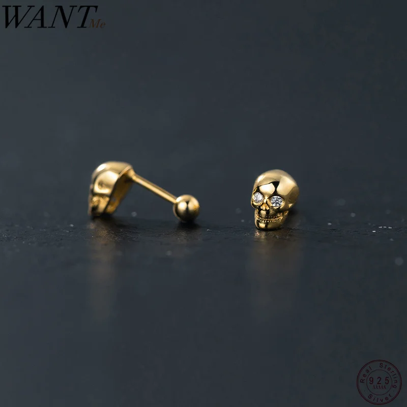 WANTME 925 Sterling Silver Punk Rock Skull Statemnet Bead Stud Earrings for Women Men Creative Pendientes Goth Party Jewelry