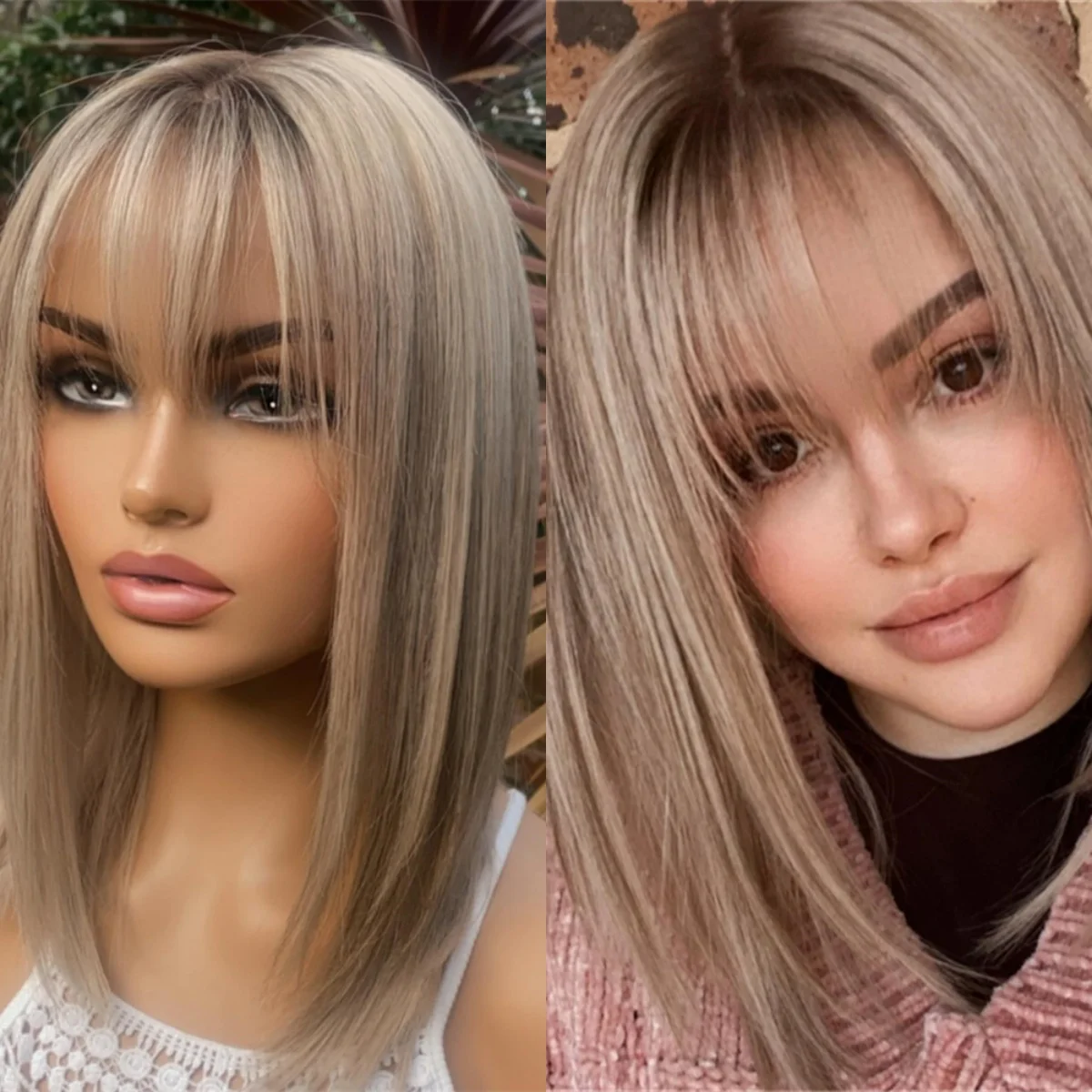 Ombre popielaty blond bezpieczna na ciepło koronkowa peruka syntetyczna z grzywką realistyczna linia włosów peruka dla kobiet Alopecia Hairloss Cosplay/impreza