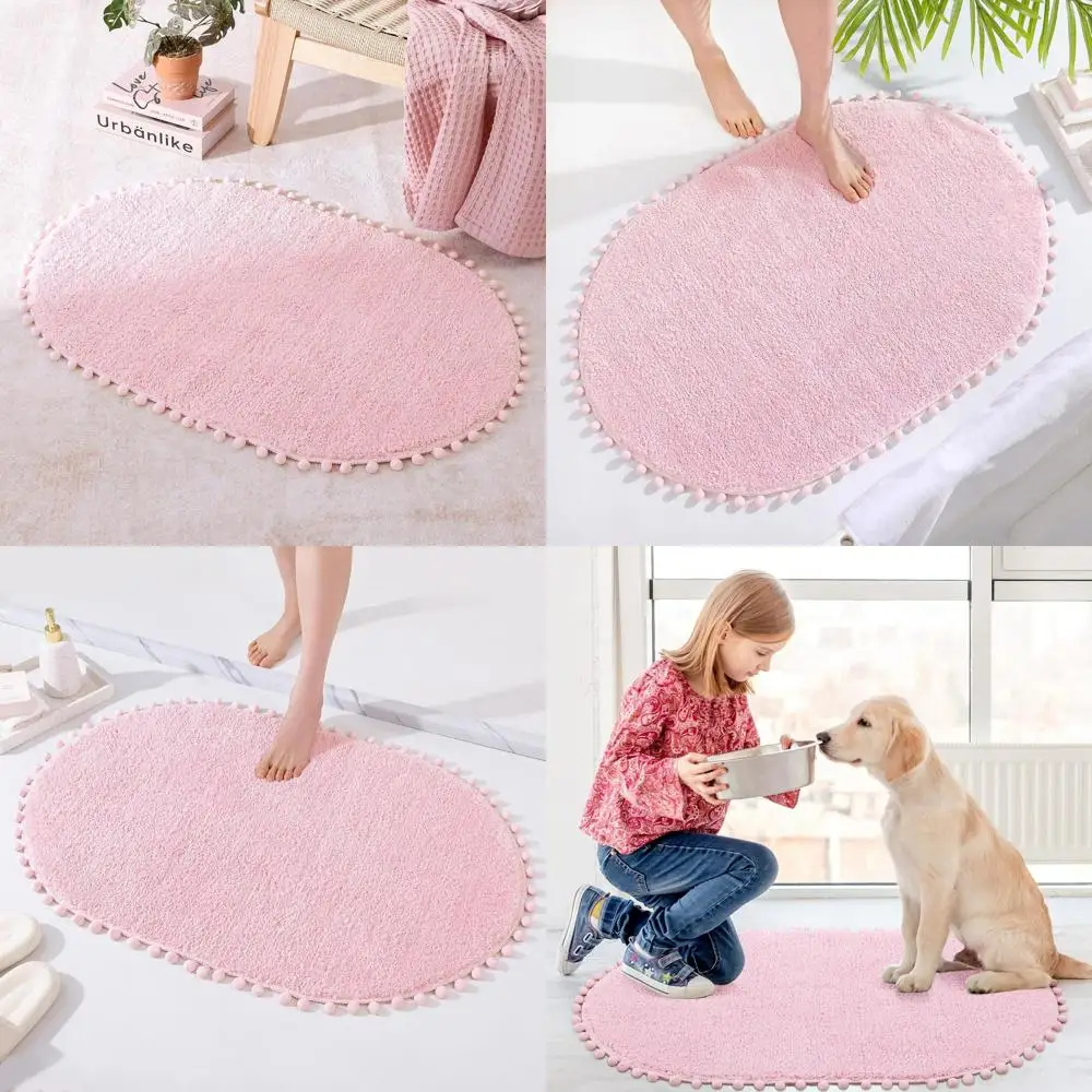 

Pink Boho Style Non-Slip Absorbent Bathroom Rug, Cute Oval Shaped Mat for Bedroom, Soft Plush, Washable, 24x36 Inches