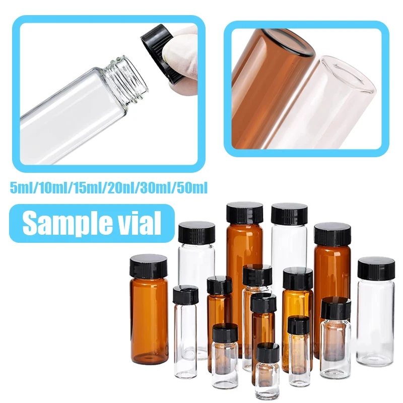 

10PCS 5/10/15/20/30/50ML Plastic Screw Cap Essential Oil Bottle For Lab Use Transparent Glass Sample Vial Laboratory Reagent