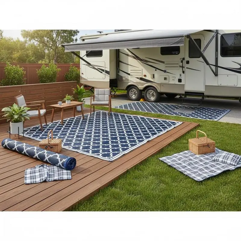 Reversible Outdoor Rug, 9' x 18' Waterproof Plastic Straw Floor Mat, Portable RV Camping Carpet, Large Floor Mat for Backyard, Deck, Picnic, Beach, Blue & White