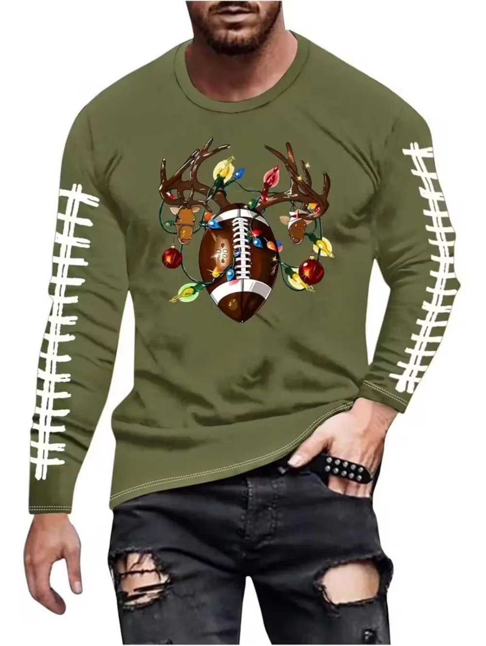 Autumn Rugby Christmas Printed Men's Long Sleeve T-shirt Holiday Casual Cute Santa Claus Graphic Tops Outdoor Casual Men Clothes