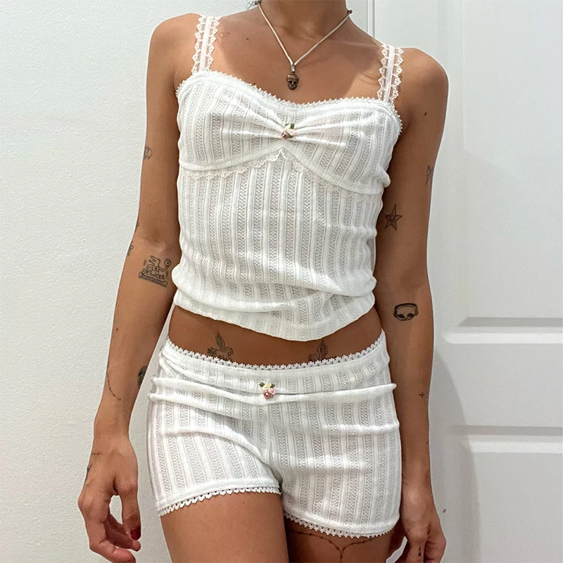 

Women Y2k Lace Trim Outfits V-neck Sleeveless Ribbed Camisole High Waist Shorts Summer Casual Shorts Suit Pajama Set Loungewear