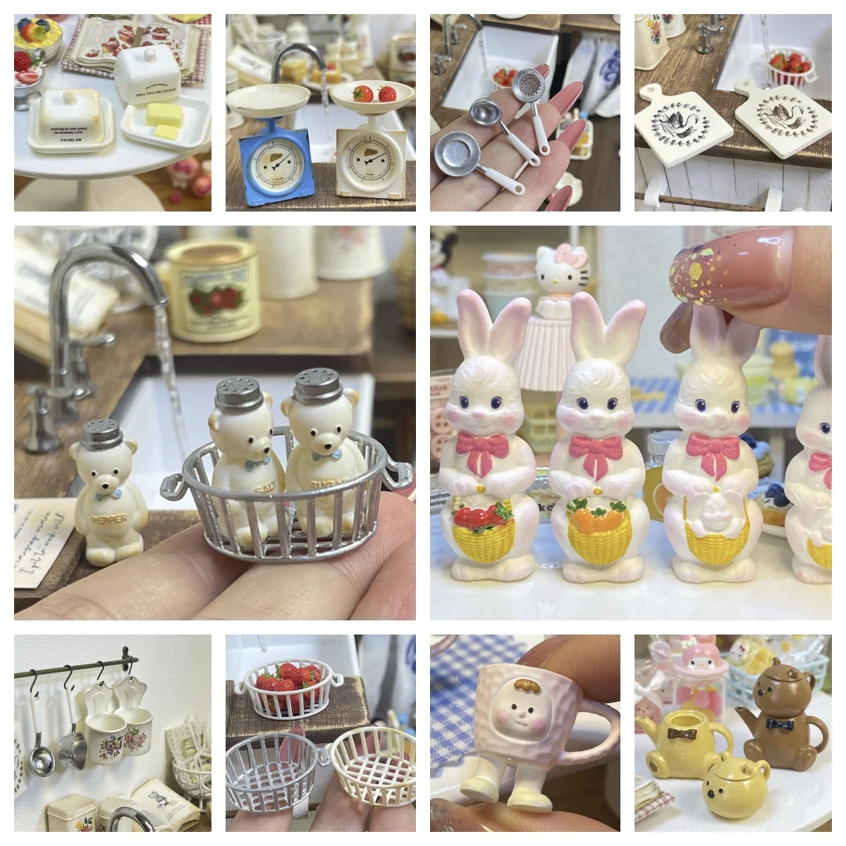 

BJD Cute Showa Era Miniature Kitchen Set, Vintage Bear Jars Scale Hanging Spoons Rabbit Ornament for Cozy Dollhouse Storytelling