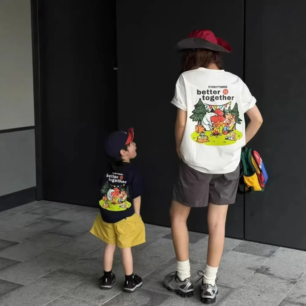 トレンディな漫画風家族お揃い服-コットン韓国風ママと息子お揃いコーデ-三代用サマートップス