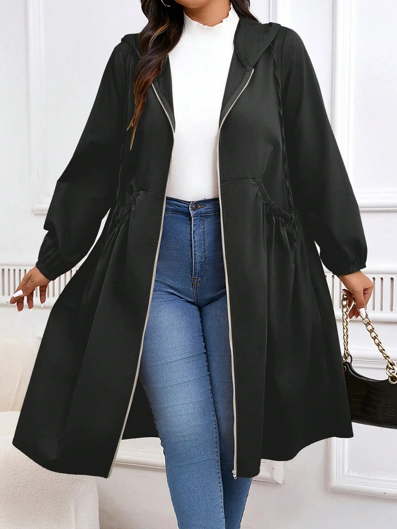 Solid Drawstring Zip Up Hooded Coat, Casual Long Sleeve Pocket Outerwear for Fall & Winter, Women's Clothes for Daily