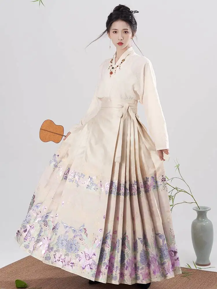 

Древние китайские комплекты Hanfu из 2 предметов, женский новогодний костюм династии Мин, юбка с лицом лошади, рубашка + юбка со складками, женский комплект, подарки