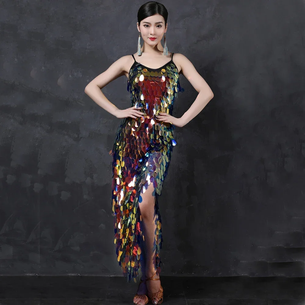 

Belly Dance Long Dresses Mermaid Costume Women Dance Wear Spandex Stretchy Satin Multicolor Squama Sequins Strap Dress