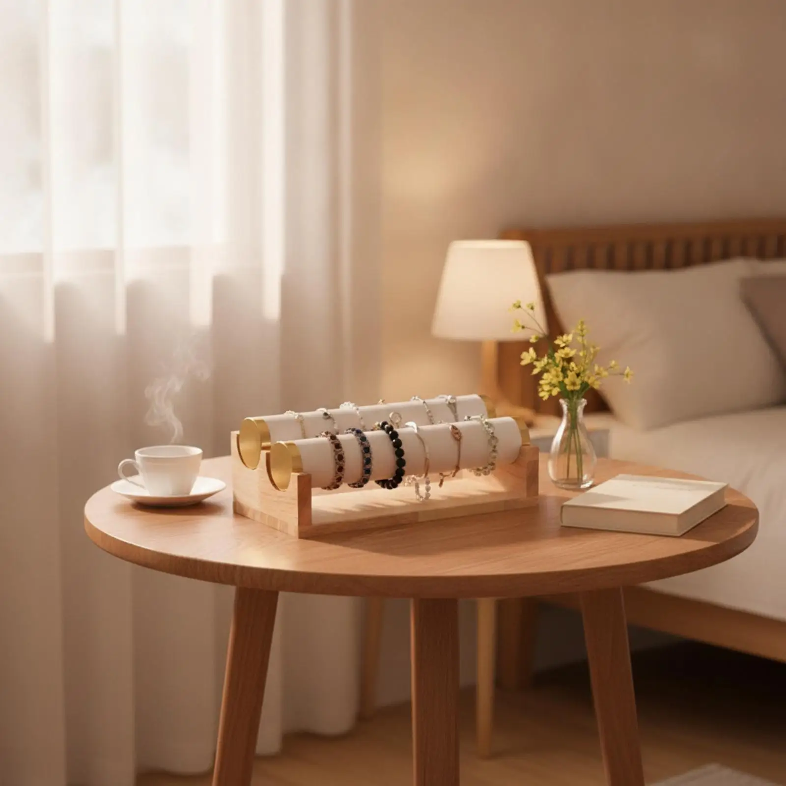 Padded Bracelet Display Stand | horizontal bar, Bracelet Holder with Wooden Base, for Retail Store