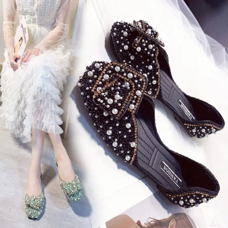 

Woman Crystal Bowknot Flat Shoes 2026 Spring Summer Female Square-toed Soft Sole Shoes Girls Fashion Sweet Single Shoes 35-42