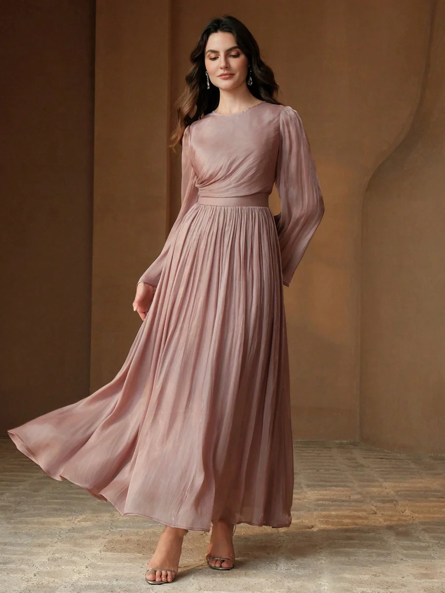 Women Classy Long Sleeve Floor‑Length Maxi Dress, Round Neck Gathered Waist Pleated Swing A‑Line Formal Gown, Stylish Outfit For