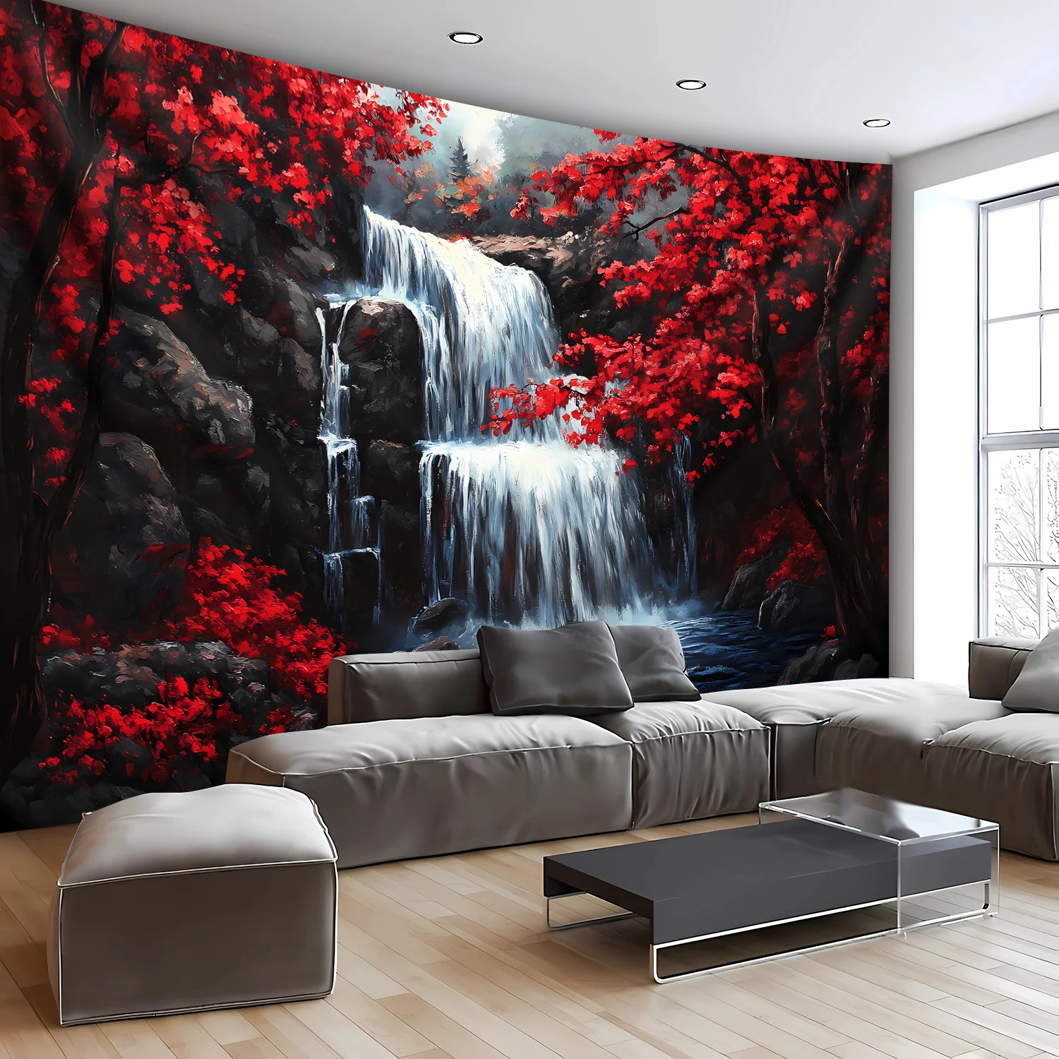 Dramatic Red Flower Waterfall Landscape Tapestry Mural Indoor Wall Decor Bohemian Aesthetic Bedroom Living Room Wallpaper