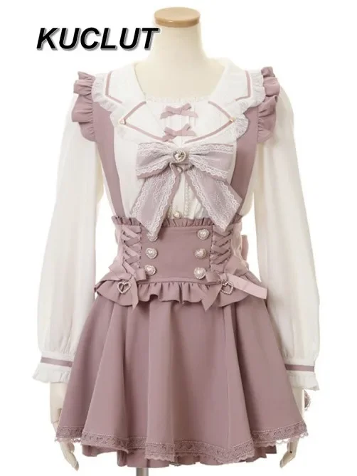 اليابانية الطابق برعم الشريط القوس حزام تنورة المرأة موضة الحلو ولطيف لوليتا التنانير لينة فتاة لوتس ليف حافة الدانتيل منقوشة تنورة