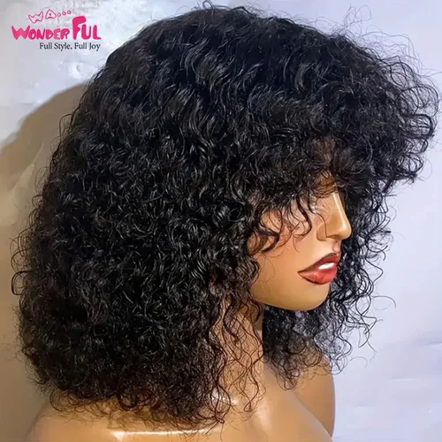 Imagen 2 del producto Pelucas brasileñas de cabello humano Jerry Curl con flequillo para mujeres negras maravillosas pelucas baratas hechas a máquina de cabello Remy Bob oscuro negro