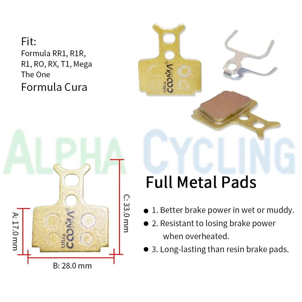 Bicycle Disc Brake Pads for Formula CURA, RR1, R1R, R1, RO, RX, T1, Mega Caliper, Ultra Class Full Metal, 4 Pairs