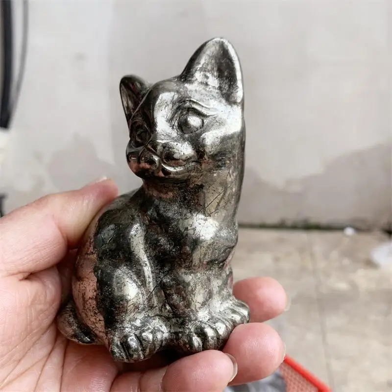 Natural Pyrite Cartoon Cat Kitten Carving Statue Carved Crafts Animal Polished Healing Figurine Home Ornament Gift
