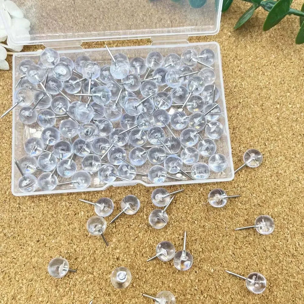 100pcs Push Pins, Map Thumb Tacks Steel Point and Transparent Plastic Round Head for Bulletin Board, Fabric Marking, Crafts