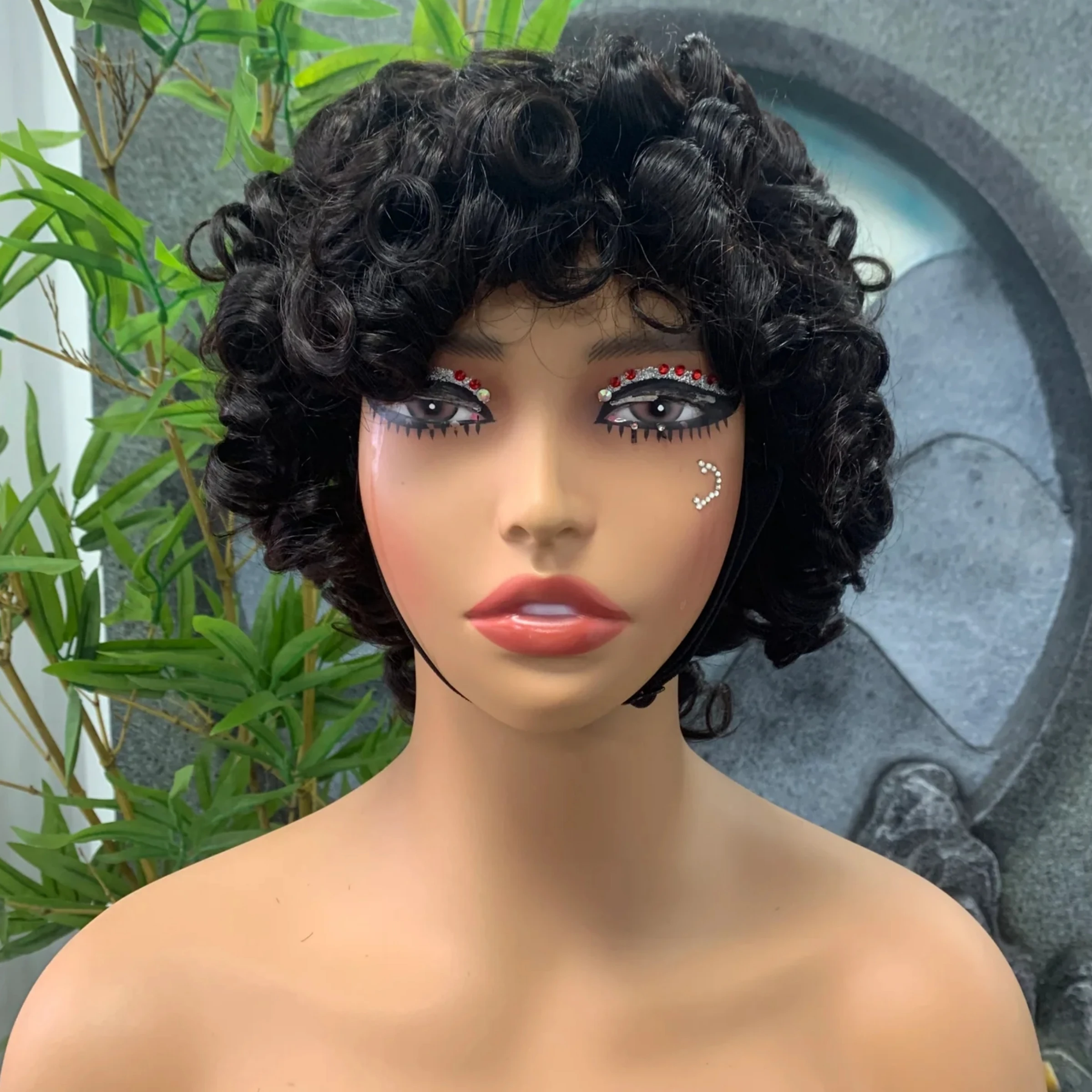 

200% Density Bouncy Curly Human Hair Wigs Remy Loose Wave Full Machine Made Short Bob Wigs Natural Color Curly Wigs with Bangs