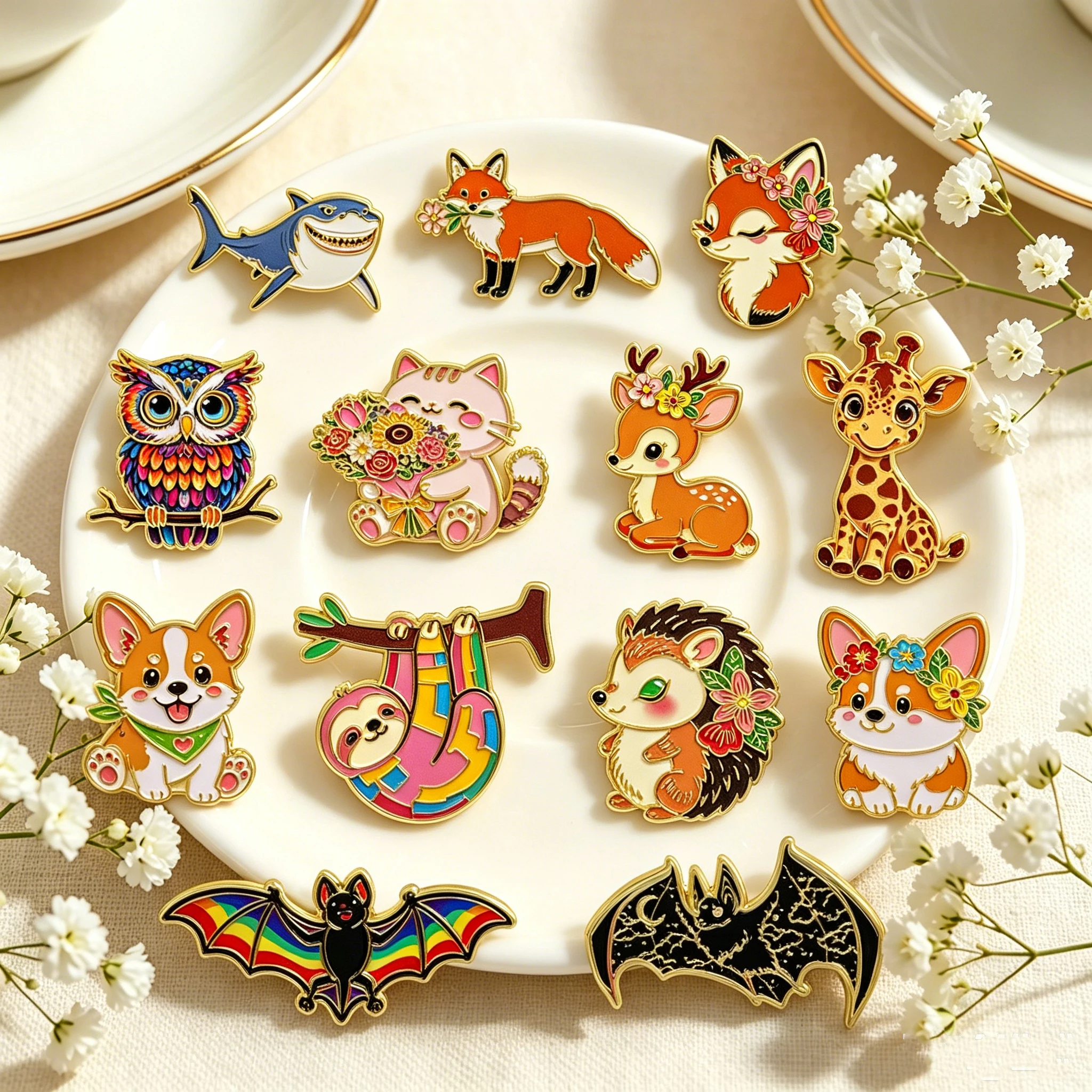 Flower Fox Deer Koala Enamel Pin Animal Cat Owl Brooches Rainbow Bat Lapel Pins Backpack Accessories Decorative Jewelry Gifts
