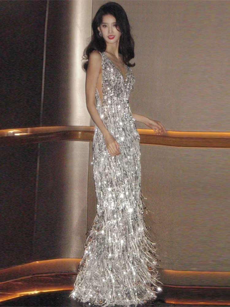 

Серебристое вечернее платье с бахромой и пайетками для свадебной церемонии, коктейльной вечеринки, длинное облегающее платье-бодикон