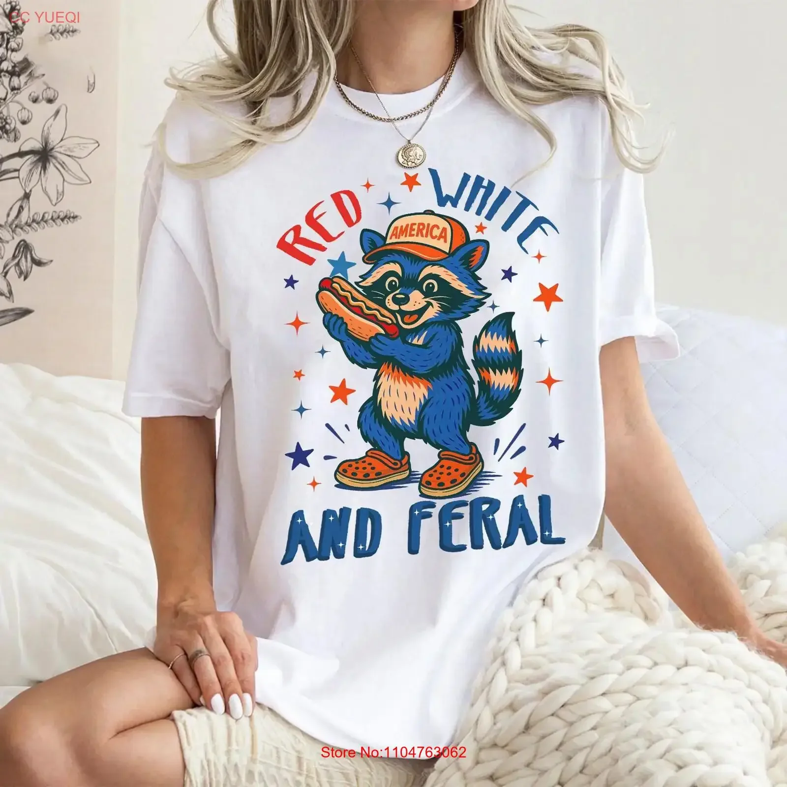 Red White And Feral T Shirt Funny USA Raccoon 4th Of July Hotdog Merica vintage Washed Stretched designer clothes homme Unisex