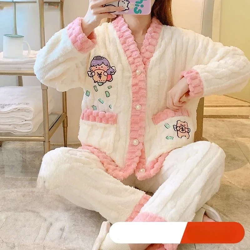 2024 New Leepwear Winter Women's Coral Plush Thickened Plush Loungewear Long Sleeves Cute Loose Flannel Homewear Set for Outwear