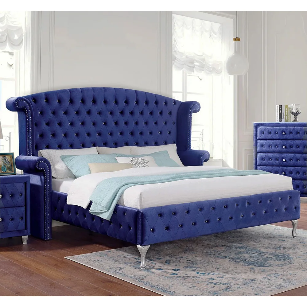 Velvet Luxury Furniture King Size Bed Frame Contemporary Upholstered King Size Bed with Night Tablespromote sales
