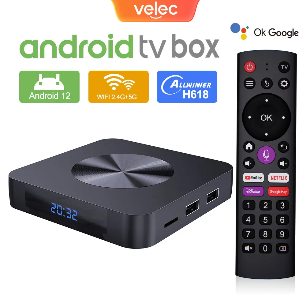 Velec TV 박스 넷플릭스용 스마트 셋톱 박스, 안드로이드 12, 올위너 H618, BT5.2, 듀얼 와이파이, BT 음성, 원격 미디어 플레이어 지지대, 8K, 4K