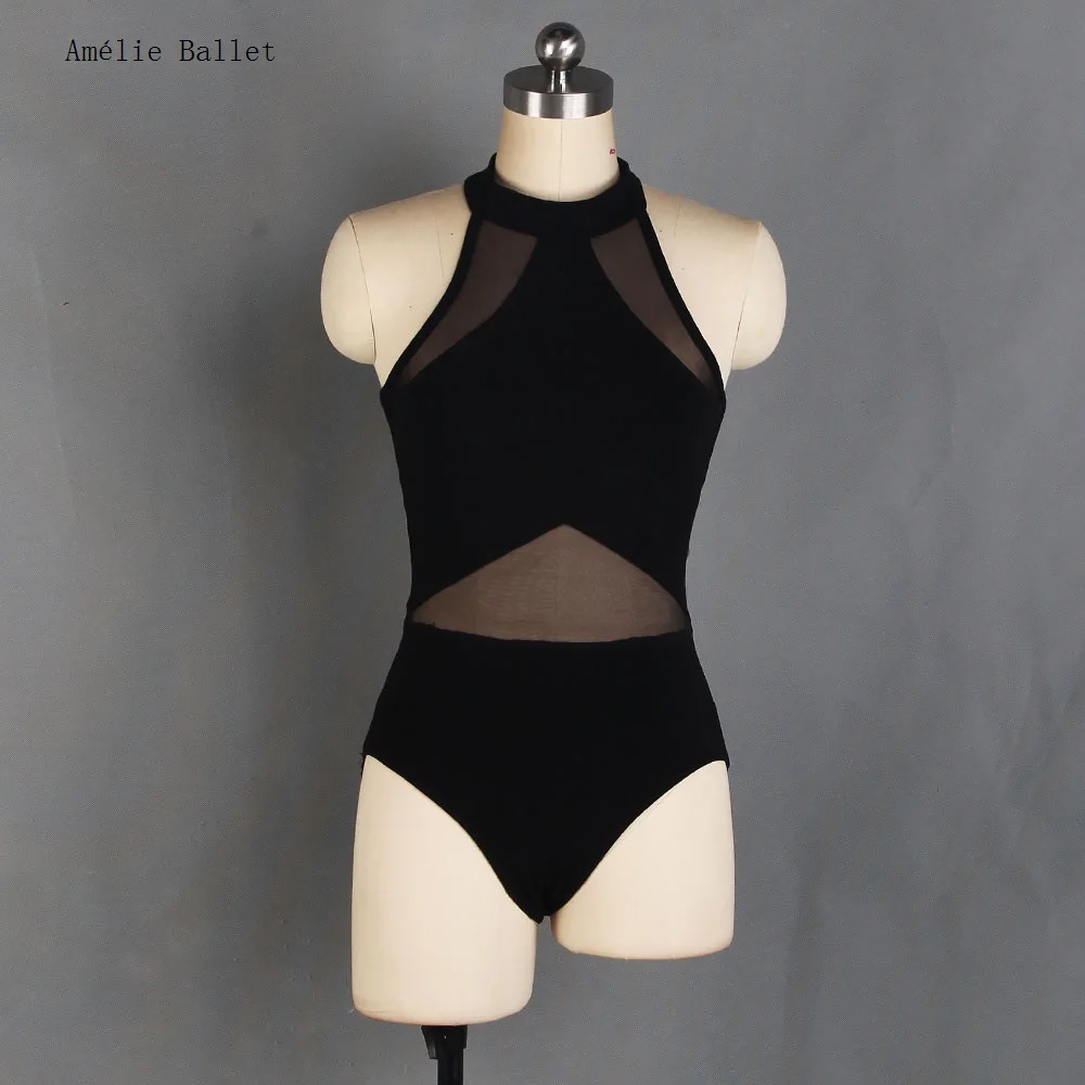 

01D2108 женские балетные трико без рукавов, тренировочная танцевальная одежда, черные трико из хлопка и сетки для девочек, боди для спортзала, танцевальная одежда