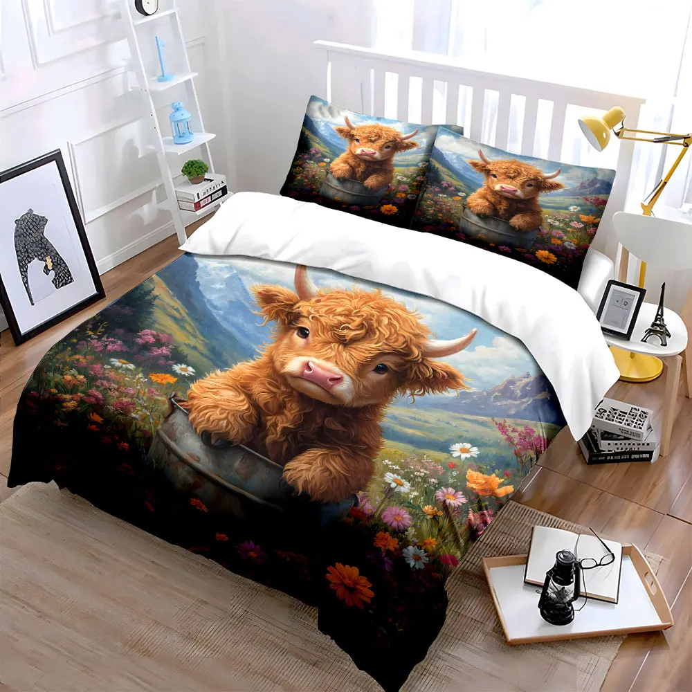 Fluffy calf in flowery meadow Bedding Set for Kids Luxury Gift 3pcs Digital Print Comforter Set Soft Comfortable Breathable