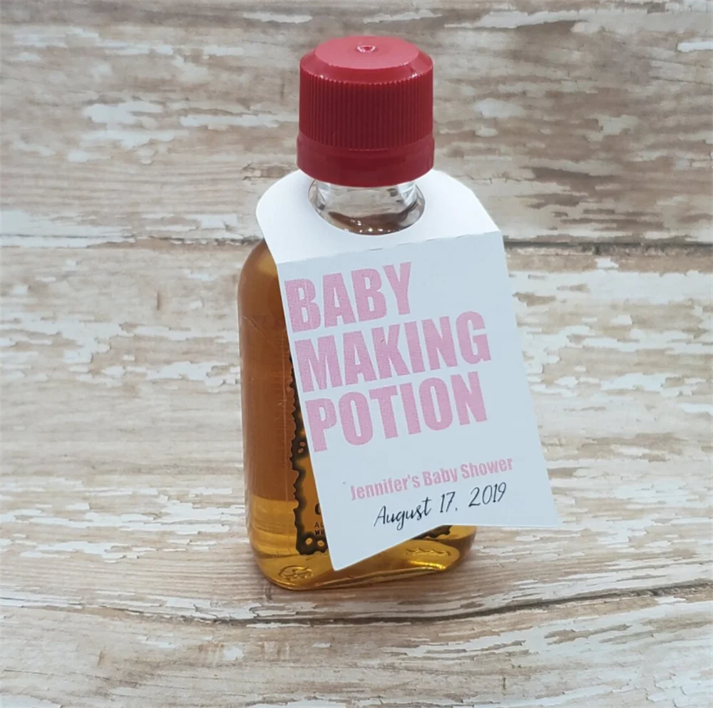 50 Baby making potion, baby shower, give baby a cheer, due date tag, hang tag, mini liquor bottle tags, liquor bottle hang tag