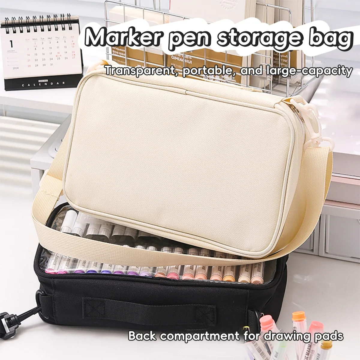 1pcs Marker Pens Specific Storage Bag Pencil Case, Transparent Simple Color Easy Carry-on Handbag, Large Capacity for 64 Pens