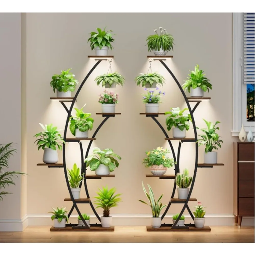 

64" 2 Pack Plant Stands with Grow Lights, 8 Tiered Curved Plant Shelf for Indoor Plants Multiple, Tall Lighted Corner Shelves