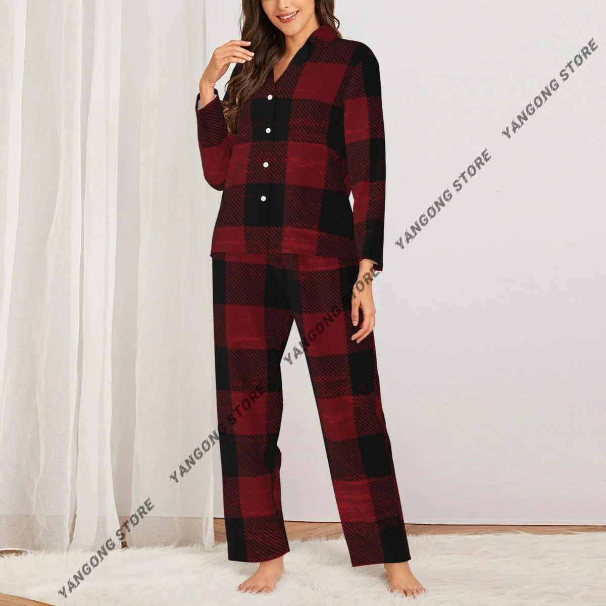 Women Sleepwear Pajamas Scratched Plaid Pattern Long Sleeve Pijama Female Set Negligee Cardigan Suit