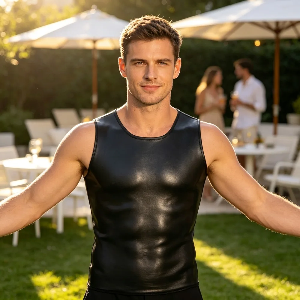 Mens PU Leather Sleeveless Crew Neck Tank Top, Fitted Summer Vest for Beach Parties, Holidays & Club Wear,Outfit for Men