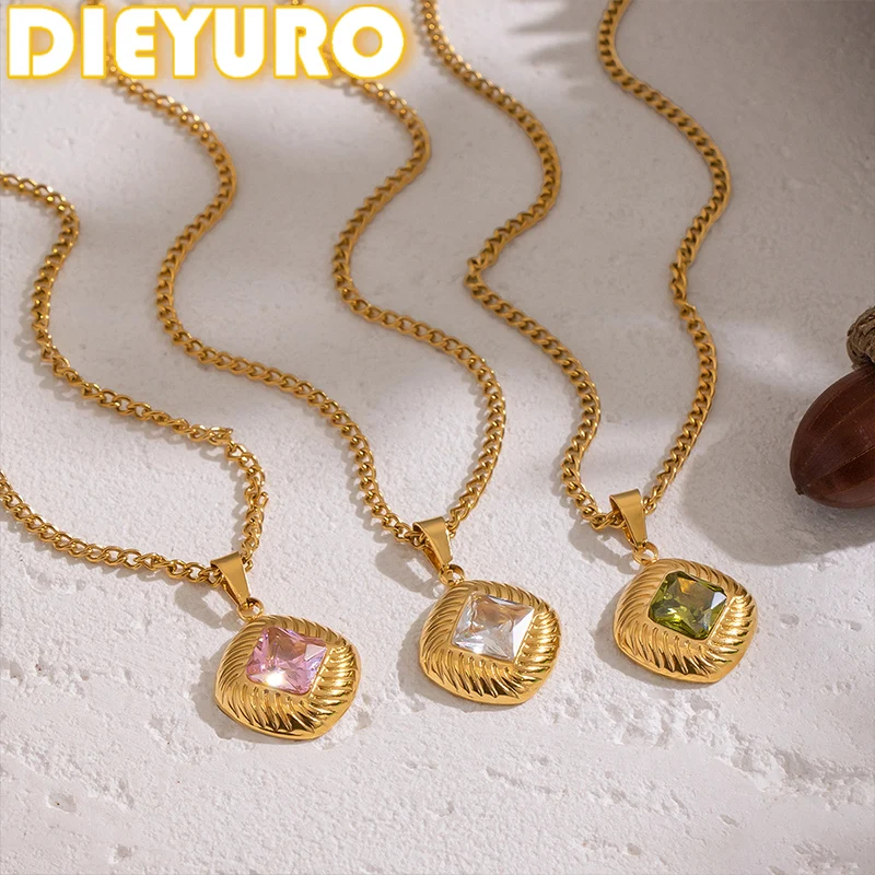 DIEYURO 316L Stainless Steel Retro Striped Square Zircon Pendant Necklace Lady New Luxury Classic Waterproof Neck Chain Jewelry