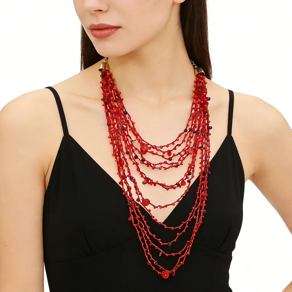 

Vintage Multilayer Red Blood Pattern Tassel Pendant Necklace for Women Goth Crystal Bead Chain Halloween Exaggerated Jewelry