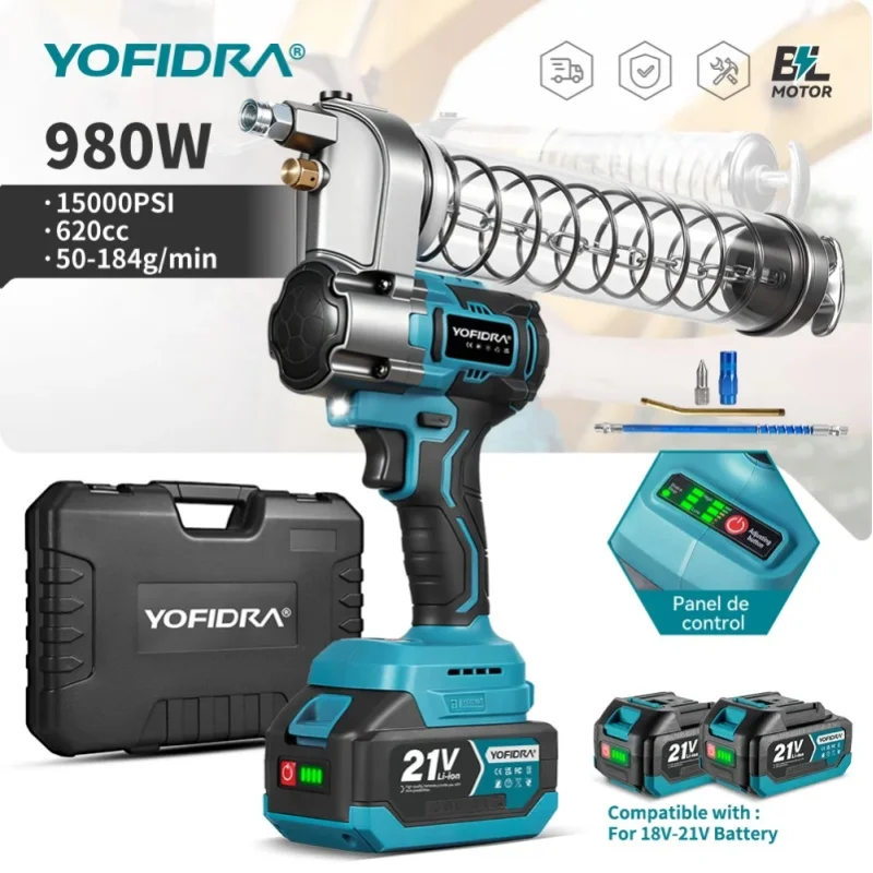 Elektryczna smarownica bezszczotkowa YOFIDRA 15000PSI, wysokociśnieniowy wtryskiwacz oleju do łożysk, narzędzie do smarowania, kompatybilna z akumulatorami Makita 21V. — 2