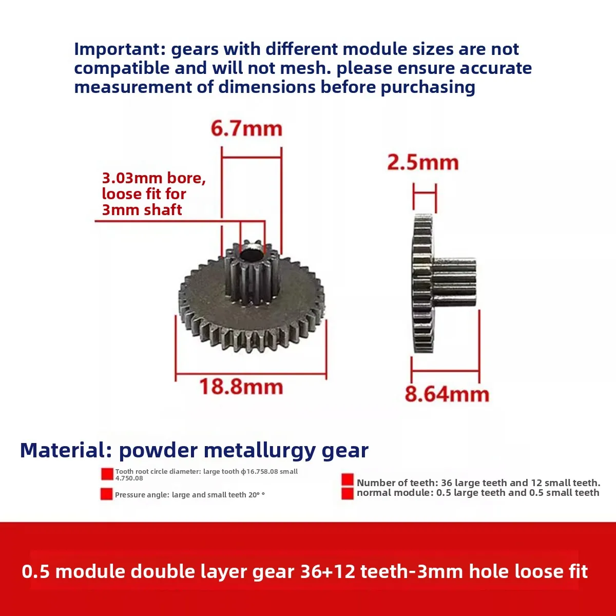

Hole Metal Gear 0.5 Modulus Powder Metallurgy Double Layered Gear 36+12 Teeth 3mm