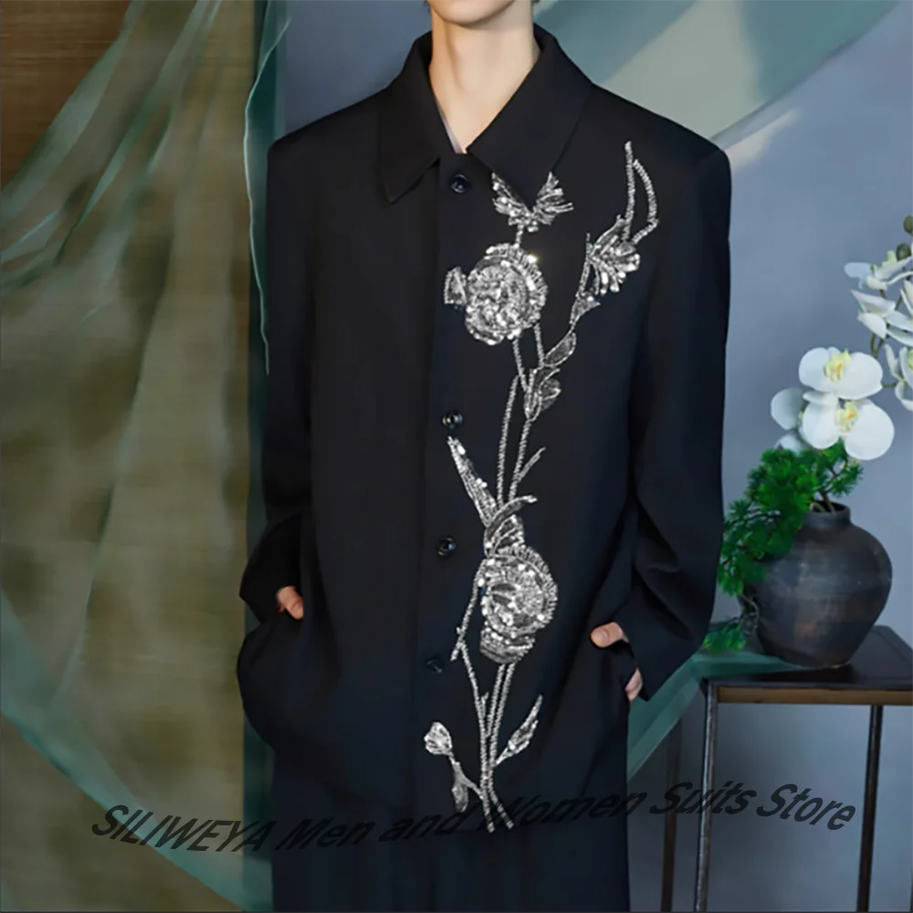 

Luxury Man Jacket Black Oversized 2Piece(Jacket+Pants) Set with Silver Floral Sequin Embroidery Smart Casual Evening Party Wear