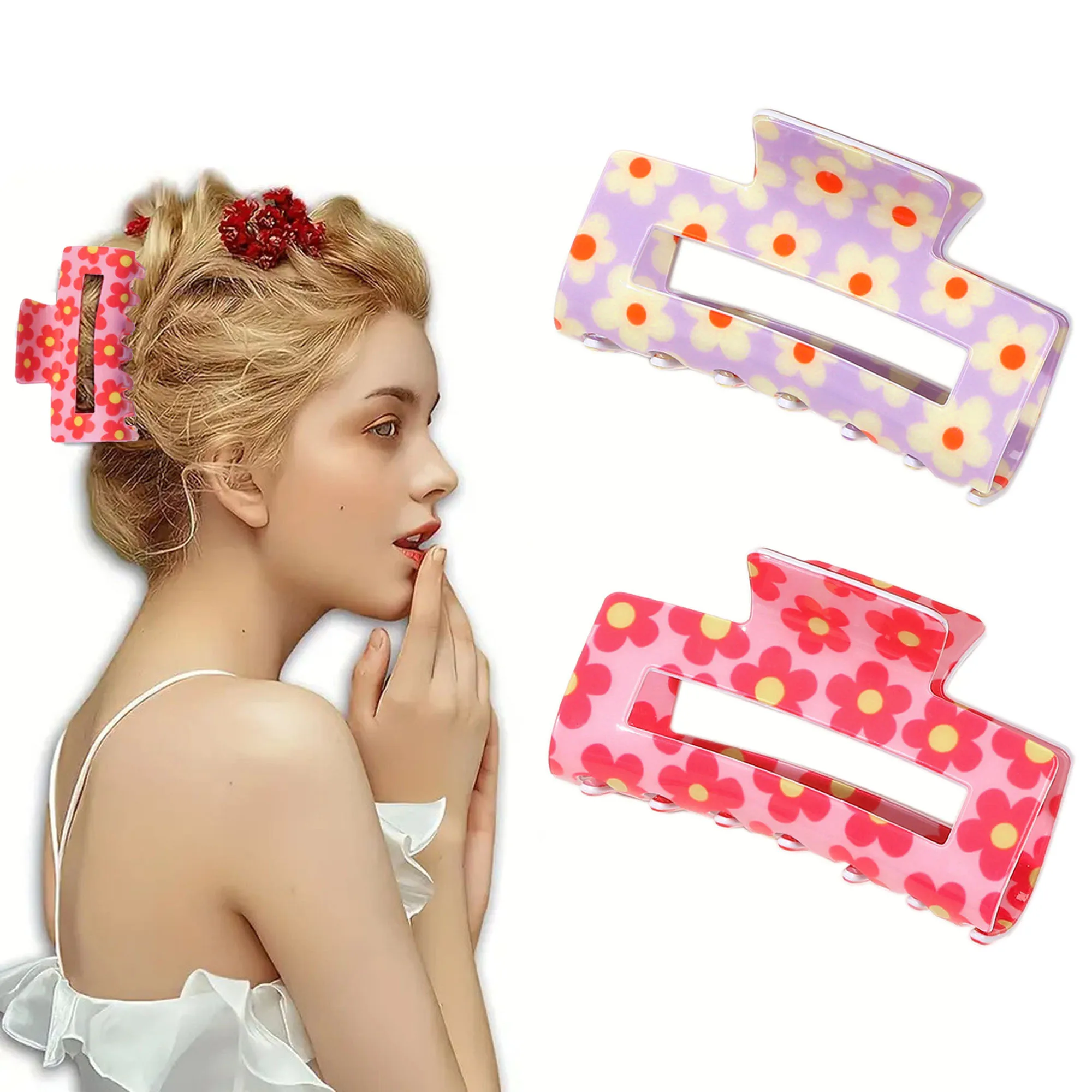 

2pcs/10pcs Daisy Flower Printed Hair Claw Clips Girls Trendy Strong Resin Hair Claws with Floral for Thick Thin Hair Headwear