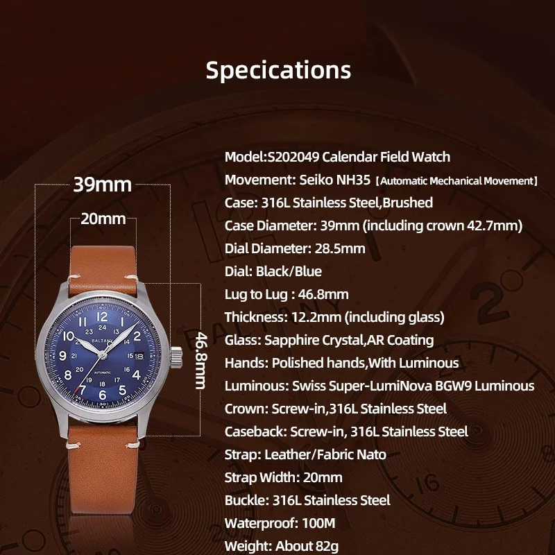 Baltany المجال العسكري الفاخرة ساعة ميكانيكية أوتوماتيكية للرجال 39 مللي متر NH35 الياقوت كريستال التقويم تحية ساعات مقاومة للماء