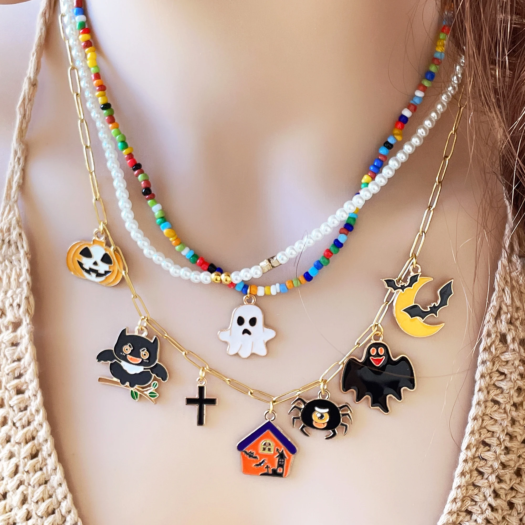 Halloween Chucky Moon Bat Spider Ghost House Punk Necklace Sset Horror Movie Pendant Men Jewelry Gift