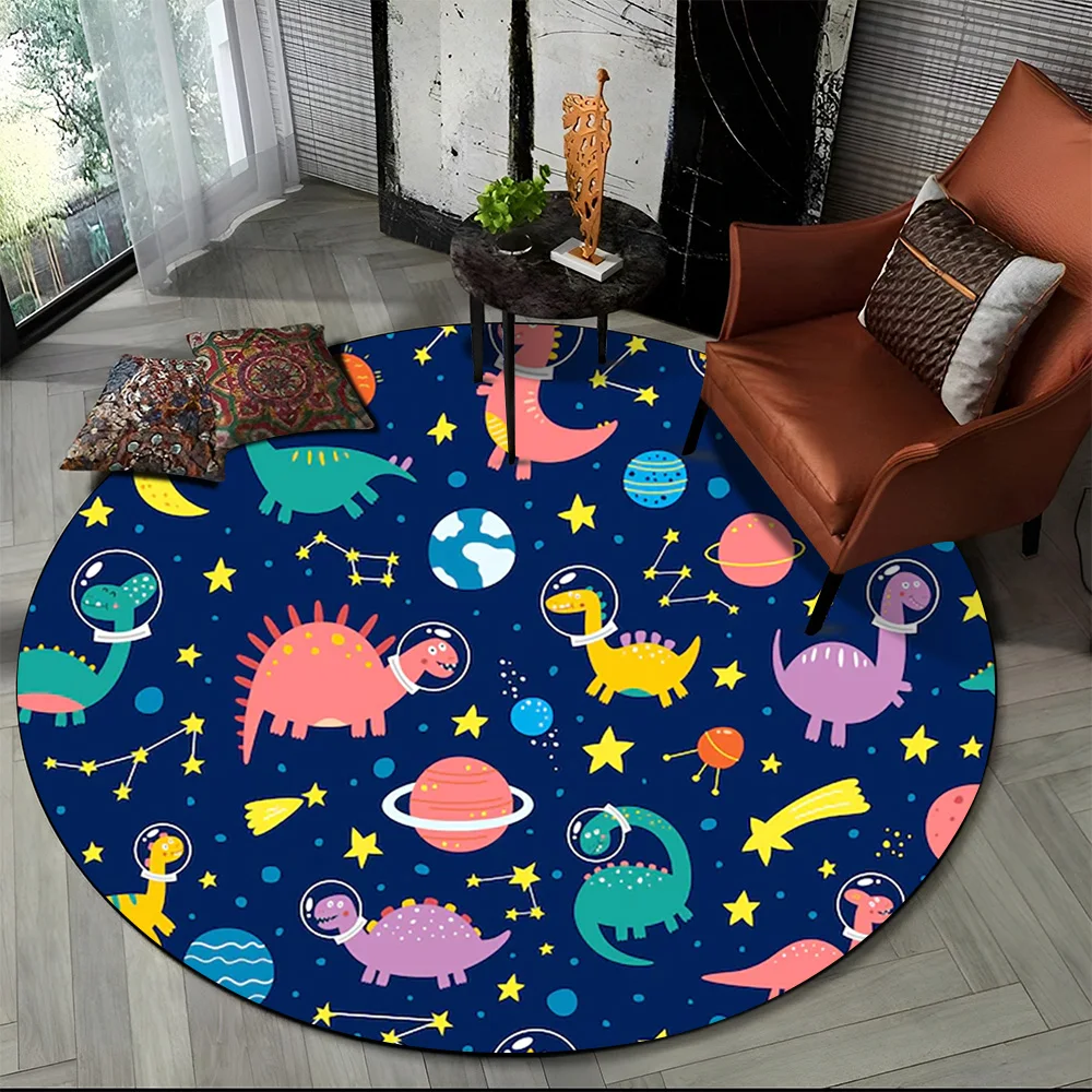 Cute Dino Dinosaur Space Children Cartoon Round Carpet Rug for Living Room Bedroom Chair Decor,Pet Area Rug Non-slip Floor Mat