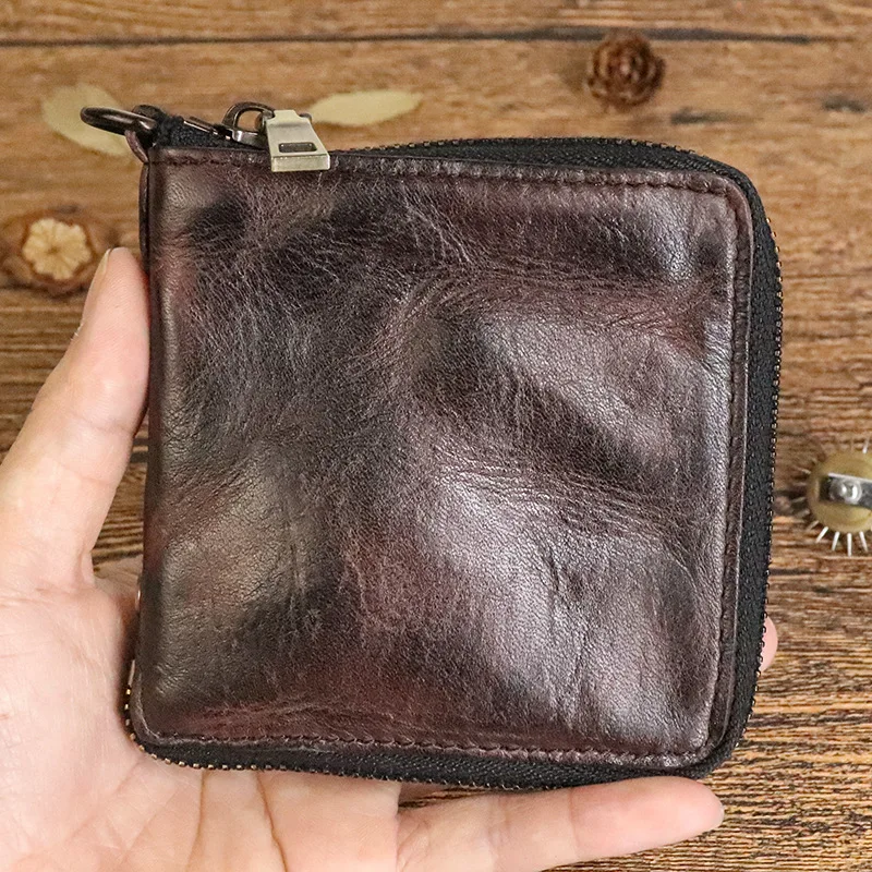 Carteira Curta Vintage para Homens Simples Couro Genuíno Macio Zíper Multifunção Bolsa de Moedas Masculina Couro Natural Pequena Bolsa de Dinheiro