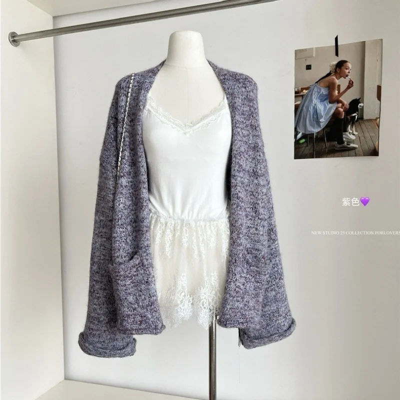 

Loose Purple Long Sleeve Sweater Coat Women, Soft Mid-Length Knitted Cardigan Autumn, Lazy Casual Top