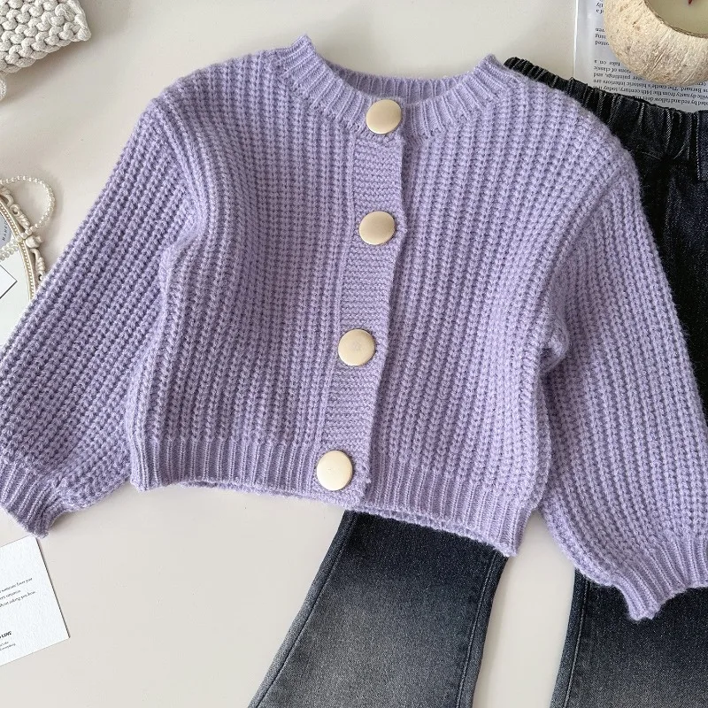 

2025 Spring/Autumn Girls Solid Color Knit Cardigan Fashion O-Neck Kids Single Breasted Knitwear Children's Sweater Coat