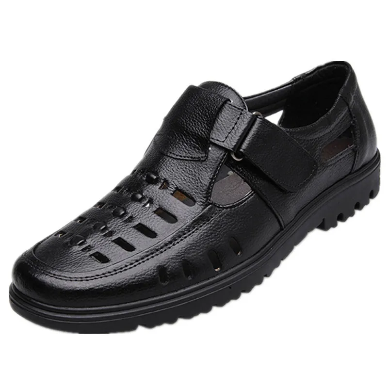 

High Quality Genuine Leather Men Summer Sandals Men Casual Shoes Hook & Loop Breathable Middle-aged Footwear Hollow Men Sandals