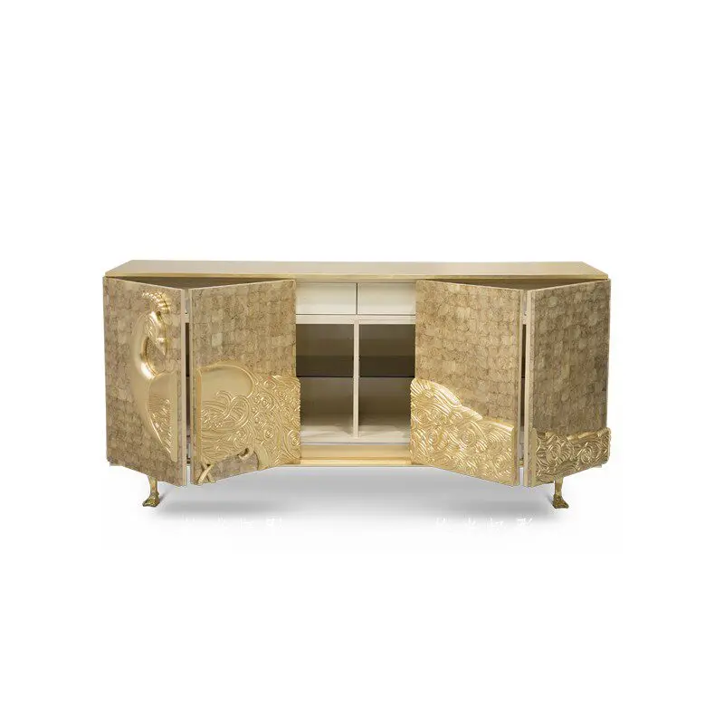 & Solid Wood Shell-Shape Peacock TV/Wine Cabinet American Style Gold-Leaf Custom Entryway Cabinet Artistic Carved Sideboard
