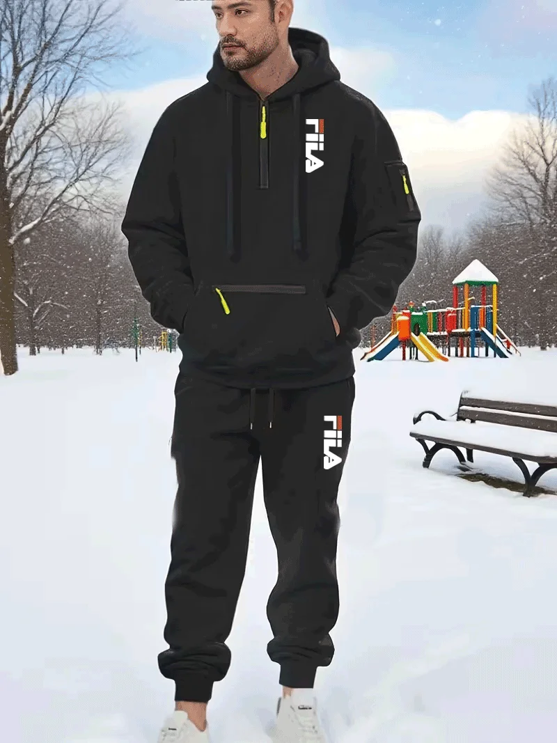 

Осень и зима 2026, новая мужская толстовка с капюшоном + брюки, комплект из двух предметов, уличный мужской пуловер с несколькими карманами, комплект спортивной одежды